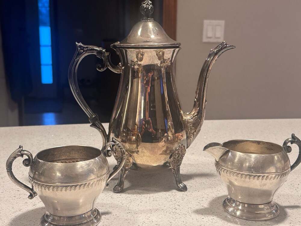 Vintage Leonard Silverplated 3-Piece Coffee Pot, Creamer, and Sugar Bowl Set